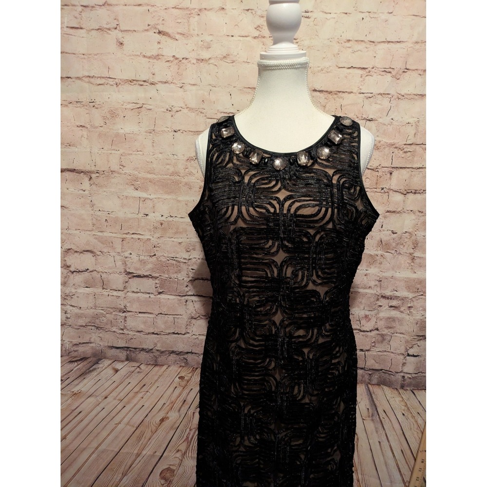 Jessica Howard Cocktail Dress 10 Black Ribbon Embroidery Jewel Beaded Neck